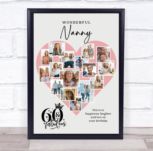 Photo Collage 60th Birthday Gift For Nanny 16-Photo Pink Heart Print Or Canvas