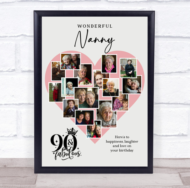 Photo Collage 90th Birthday Gift For Nanny 16-Photo Pink Heart Print Or Canvas Photo Collage 90th Birthday Gift For Nanny 16-Photo Pink Heart Print Or Canvas