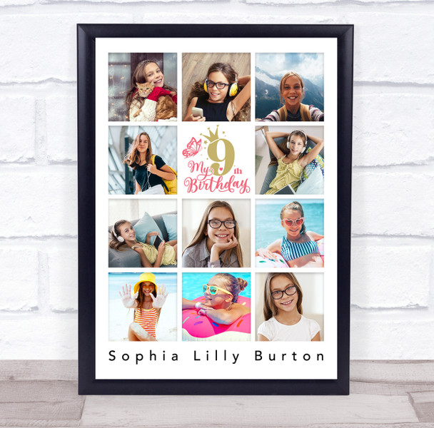Photo Collage 11-Photo 9th Birthday Custom Gift For Kids Girls Print Or Canvas