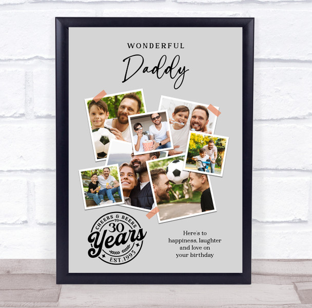 Photo Collage 30th Birthday Custom Gift For Daddy 7-Photo Grey Print Or Canvas