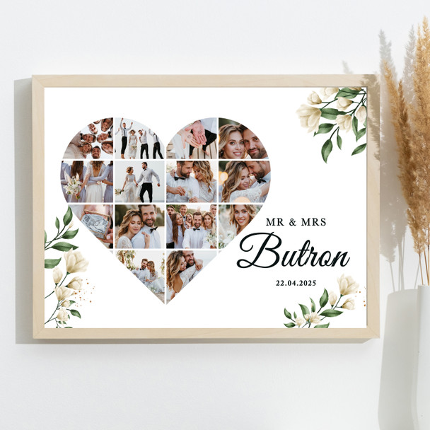 Photo Collage Wedding Custom Gift 14-Photo Heart White Floral Print Or Canvas