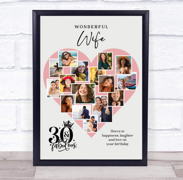 Photo Collage 30th Birthday Gift For Wife 16-Photo Pink Heart Print Or Canvas