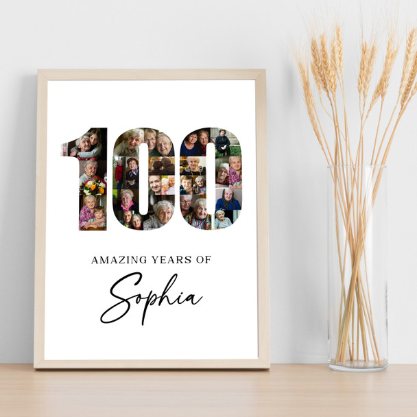 Photo Collage 100th Birthday Gift For Her Gift For Her 23-Photo 100 White Print