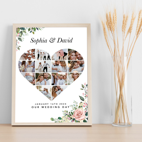 Photo Collage Print Or Canvas Wedding Custom Gift 14-Photo Heart Pink Floral