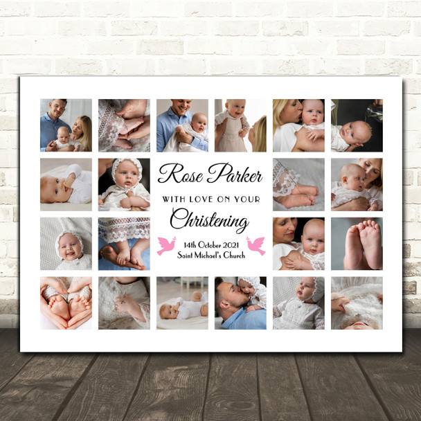 Photo Collage Print Or Canvas Christening Gift For Girls 20-Photo Pink Doves