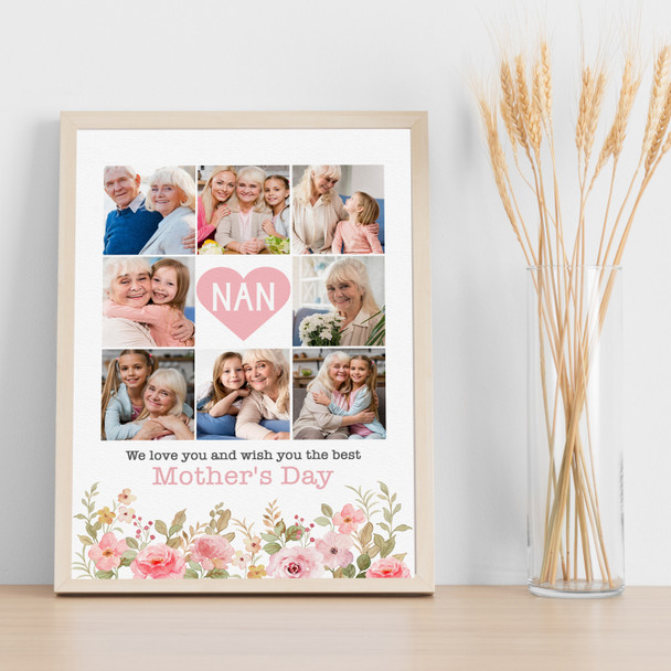 Photo Collage Print Or Canvas Gift For Nan Mother's Day 9-Photo Pink Floral
