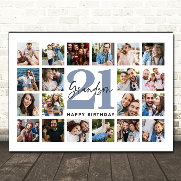Photo Collage Print Or Canvas 21st Birthday Gift For Grandson 20-Photo Blue