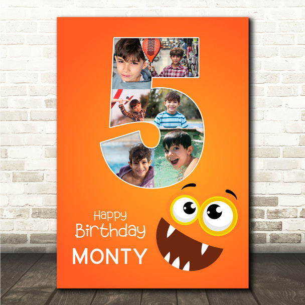 Photo Collage 6-Photo 5th Birthday Gift For Kids Boys Orange Monster Print