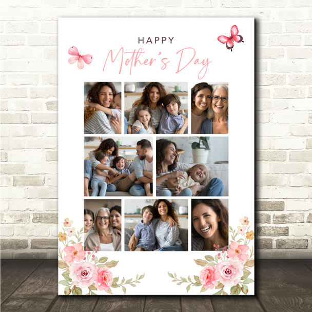 Photo Collage Gift For Anyone Mother's Day 8-Photo Pink Butterflies Print Canvas