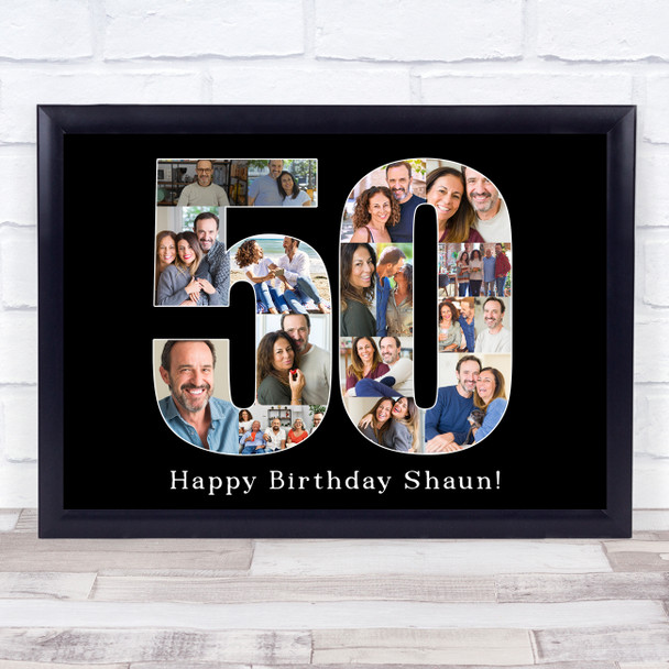 Photo Collage 50th Birthday 17-Photo Birthday Gift For Him 50 Black Print Canvas