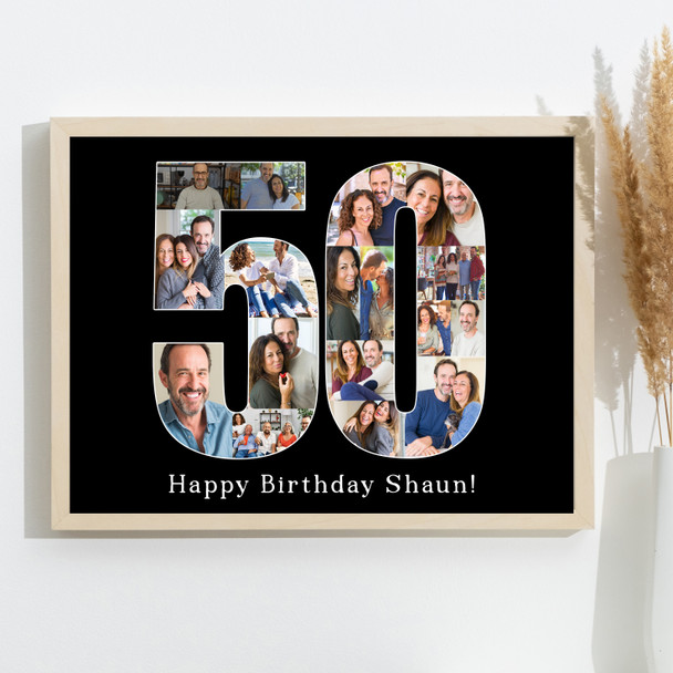 Photo Collage 50th Birthday 17-Photo Birthday Gift For Him 50 Black Print Canvas