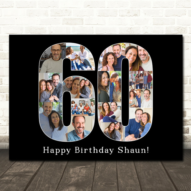 Photo Collage 60th Birthday 18-Photo Birthday Gift For Him 60 Black Print Canvas