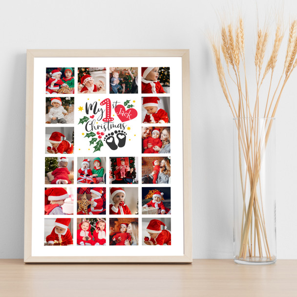 Photo Collage First Christmas Gift For Baby 20-Photo Red Poinsettia Print Canvas