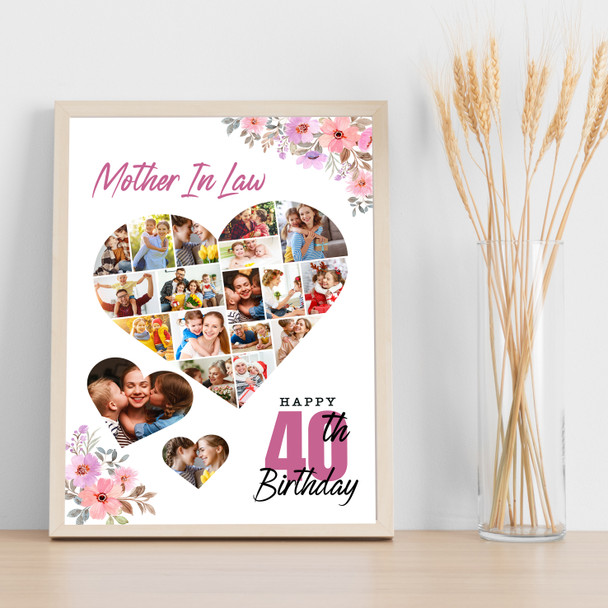 Photo Collage 40th Birthday Gift For Mother-In-Law 19-Photo Floral Print Canvas
