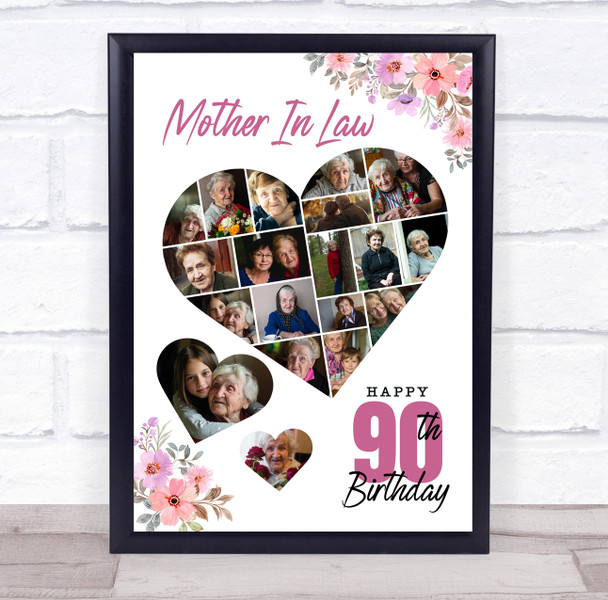 Photo Collage 90th Birthday Gift For Mother-In-Law 19-Photo Floral Print Canvas
