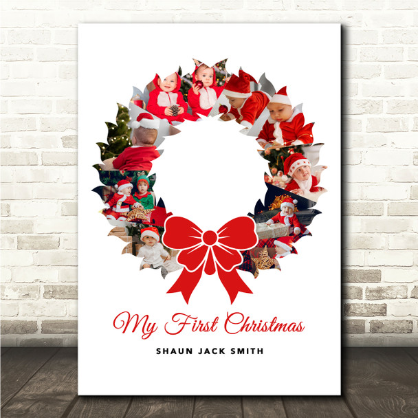 Photo Collage First Christmas Gift For Baby 9-Photo Wreath Red Bow Print Canvas