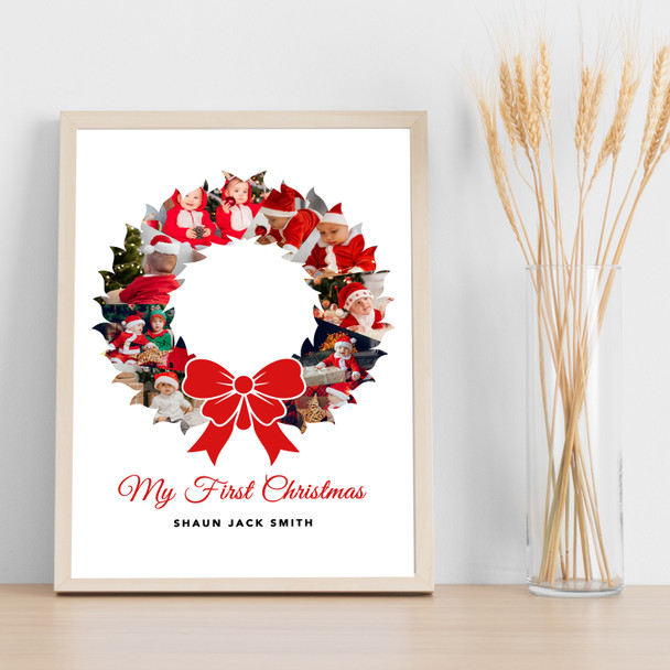 Photo Collage First Christmas Gift For Baby 9-Photo Wreath Red Bow Print Canvas