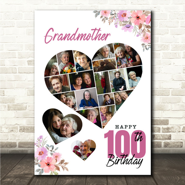 Photo Collage 100th Birthday Gift For Grandmother 19-Photo Floral Print Canvas