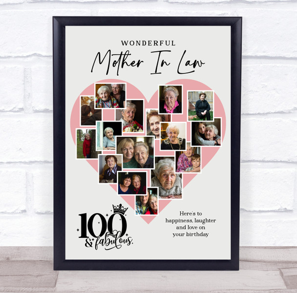 Photo Collage 100th Birthday Gift For Mother-In-Law 16-Photo Pink Print Canvas