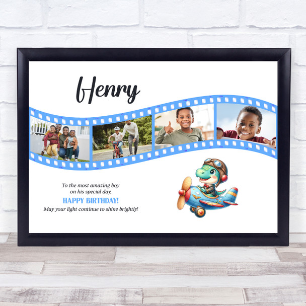 Photo Collage Kids Boys Birthday Gift 4-Photo Blue Dinosaur Plane Print Canvas