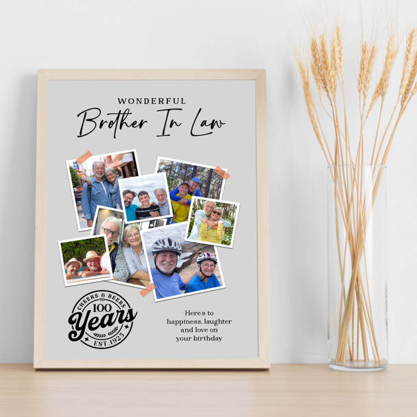 Photo Collage 100th Birthday Gift For Brother-In-Law 7-Photo Grey Print Canvas