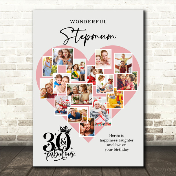 Photo Collage 30th Birthday Gift For Stepmum 16-Photo Pink Heart Print Or Canvas