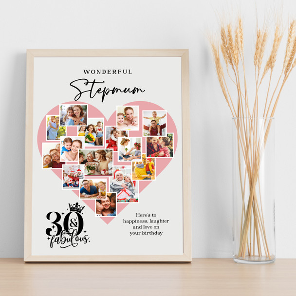 Photo Collage 30th Birthday Gift For Stepmum 16-Photo Pink Heart Print Or Canvas