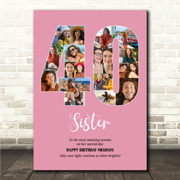Photo Collage 40th Birthday Gift For Her 19-Photo Number 40 Pink Print Or Canvas
