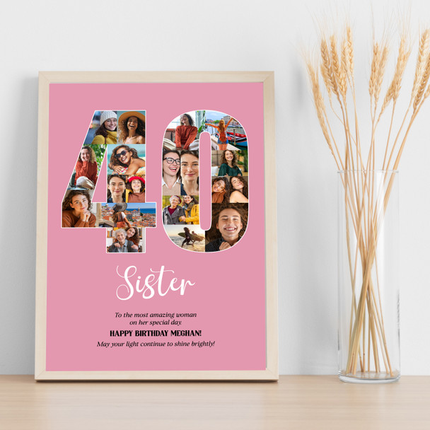 Photo Collage 40th Birthday Gift For Her 19-Photo Number 40 Pink Print Or Canvas