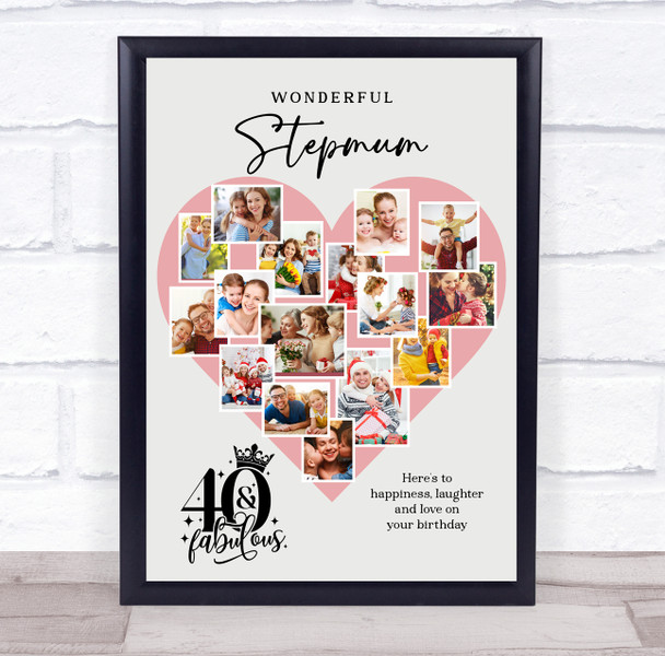 Photo Collage 40th Birthday Gift For Stepmum 16-Photo Pink Heart Print Or Canvas