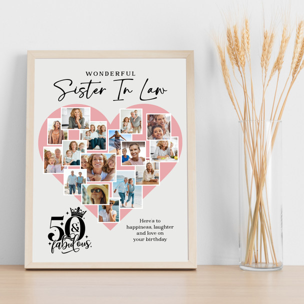 Photo Collage 50th Birthday Gift For Sister-In-Law 16-Photo Pink Print Or Canvas