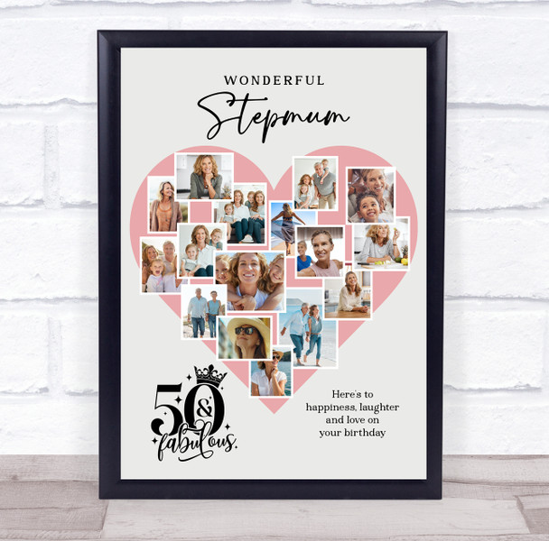 Photo Collage 50th Birthday Gift For Stepmum 16-Photo Pink Heart Print Or Canvas