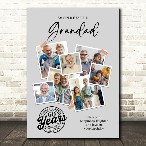 Photo Collage 60th Birthday Custom Gift For Grandad 7-Photo Grey Print Or Canvas