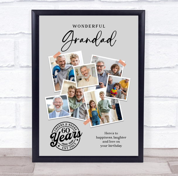 Photo Collage 60th Birthday Custom Gift For Grandad 7-Photo Grey Print Or Canvas