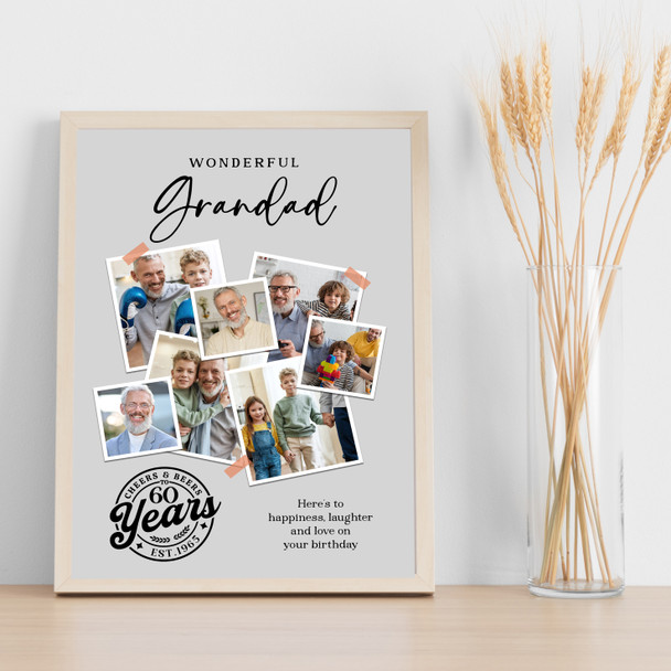 Photo Collage 60th Birthday Custom Gift For Grandad 7-Photo Grey Print Or Canvas