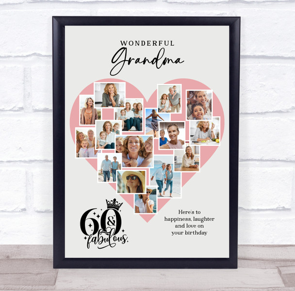 Photo Collage 60th Birthday Gift For Grandma 16-Photo Pink Heart Print Or Canvas