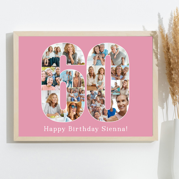 Photo Collage 60th Birthday Gift For Her 18-Photo Number 60 Pink Print Or Canvas