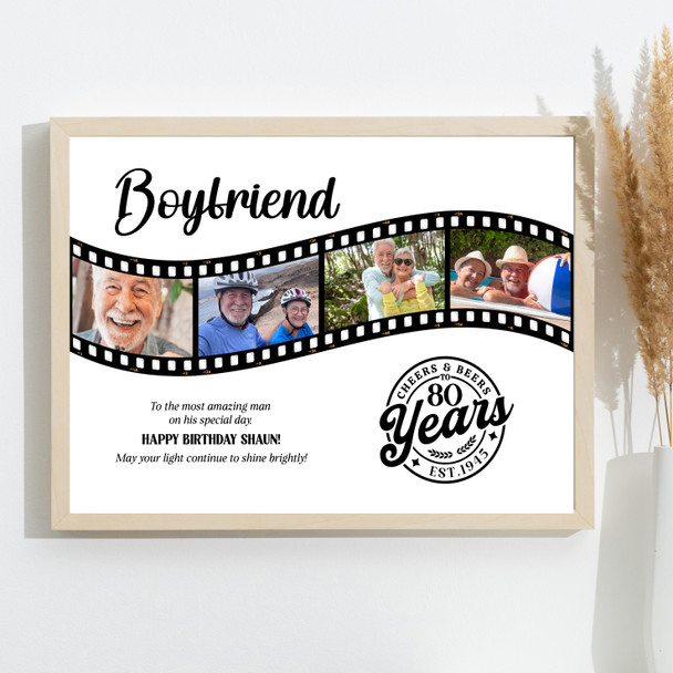 Photo Collage 80th Birthday Gift For Boyfriend 4-Photo Film Reel Print Or Canvas