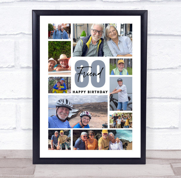 Photo Collage 80th Birthday Custom Gift For Friend 10-Photo Blue Print Or Canvas