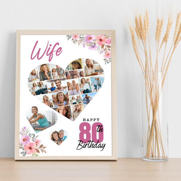 Photo Collage 80th Birthday Custom Gift For Wife 19-Photo Floral Print Or Canvas