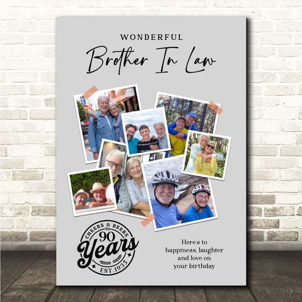 Photo Collage 90th Birthday Gift For Brother-In-Law 7-Photo Grey Print Or Canvas