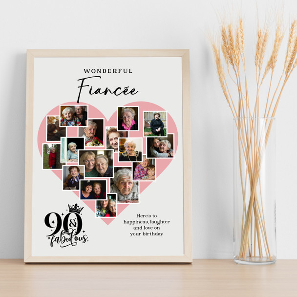 Photo Collage 90th Birthday Gift For Fiancée 16-Photo Pink Heart Print Or Canvas