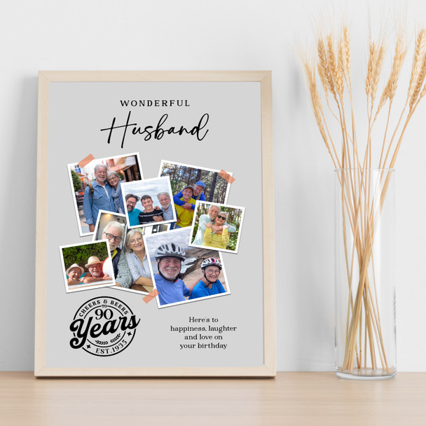 Photo Collage 90th Birthday Custom Gift For Husband 7-Photo Grey Print Or Canvas