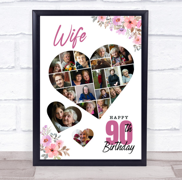 Photo Collage 90th Birthday Custom Gift For Wife 19-Photo Floral Print Or Canvas
