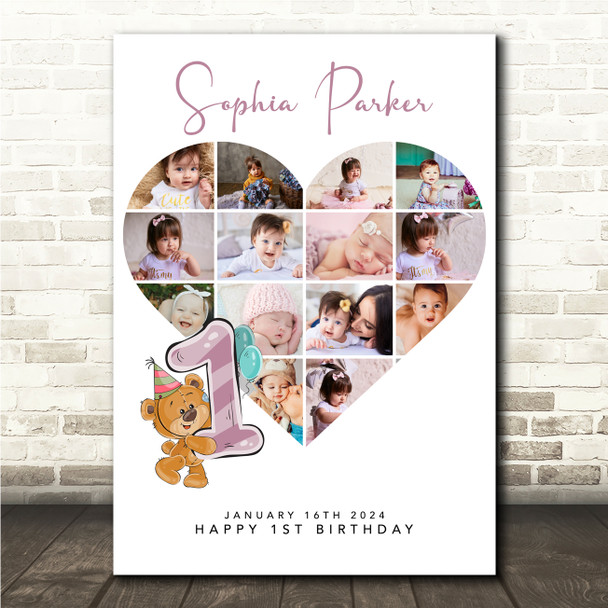 Photo Collage 14-Photo s 1st Birthday Gift Girls Kids Teddy Bear Print Or Canvas