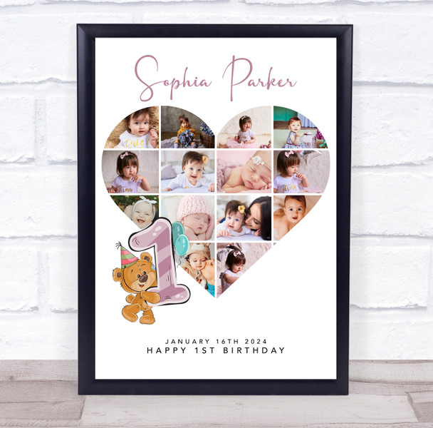 Photo Collage 14-Photo s 1st Birthday Gift Girls Kids Teddy Bear Print Or Canvas