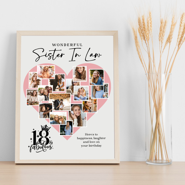 Photo Collage 18th Birthday Gift For Sister-In-Law 16-Photo Pink Print Or Canvas