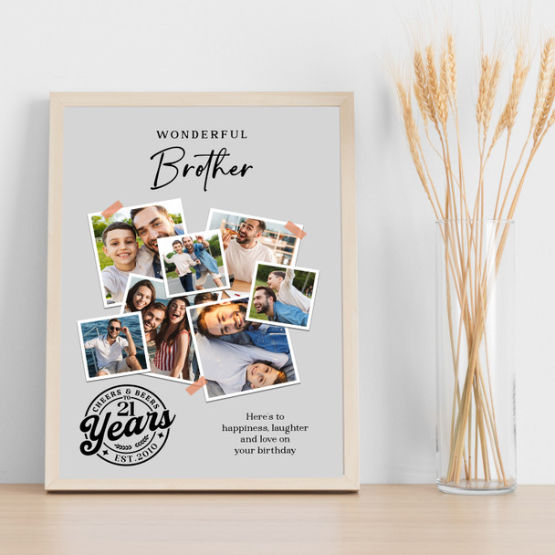 Photo Collage 21st Birthday Custom Gift For Brother 7-Photo Grey Print Or Canvas