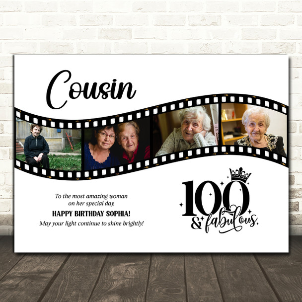 Photo Collage 100th Birthday Gift For Cousin 4-Photo Film Female Print Or Canvas