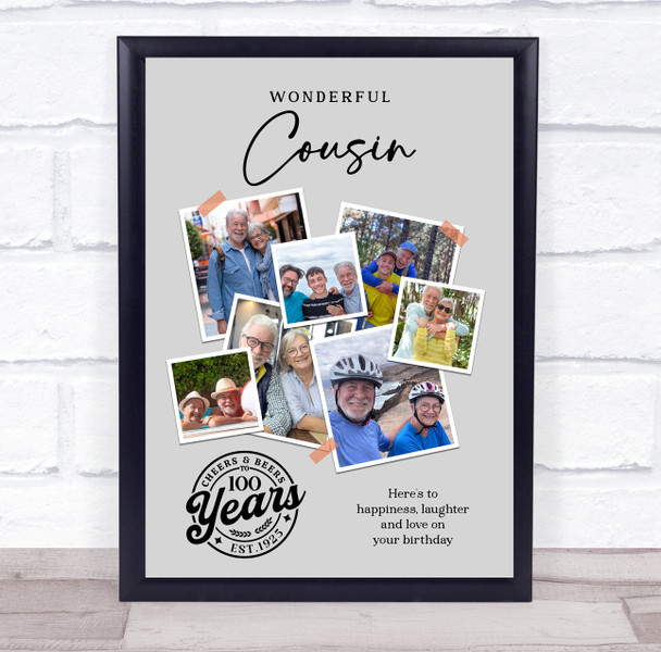 Photo Collage 100th Birthday Custom Gift For Cousin 7-Photo Grey Print Or Canvas